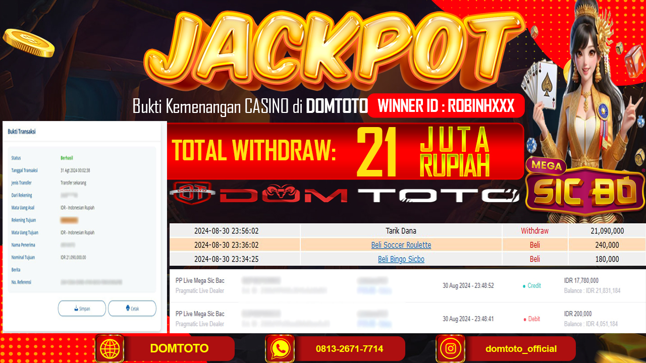 JACKPOT CASINO MEGA SICBO 31 AGUSTUS 2024